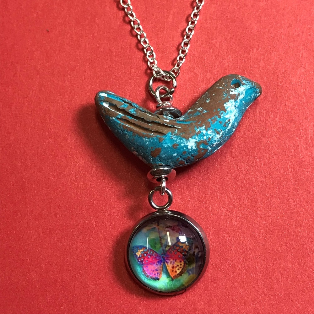 Sterling Silver Bluebird And Butterfly Necklace
